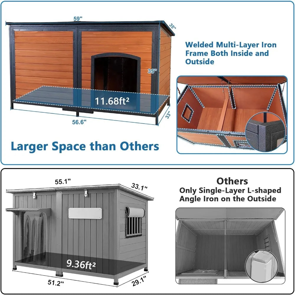 Extra Large Dog House Outdoor 59.1 L Outside Insulated Dog Kennel Weatherproof Winter, 6 Sides All-Round Foam for Small Medium L