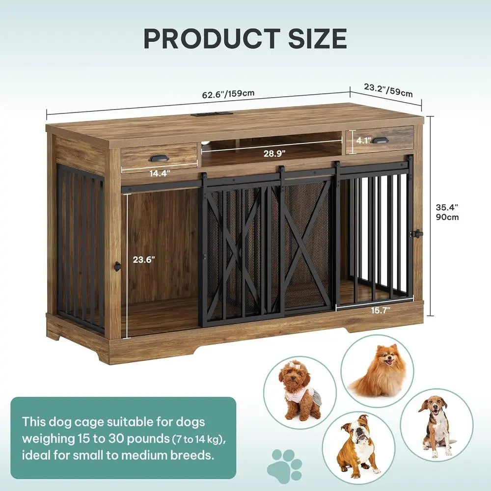 63 Inch Double Dog Crate TV Stand with Charging Station, Heavy Duty Wooden Cage Furniture for 2 Dogs, Dog Kennel Indoor Furnitur