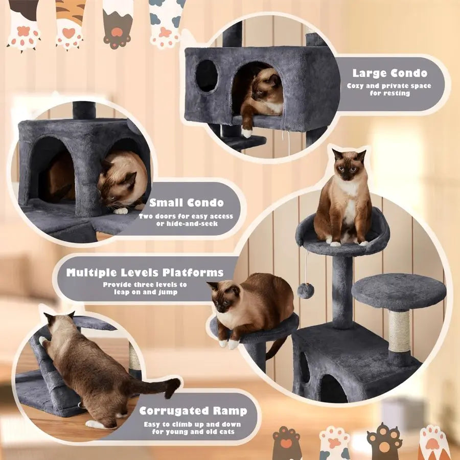 Yaheetech 54in Cat Tree, MultiLevel Cat Tower with Spacious Kittenear Perch, 2 Cozy Caves, Scratching Posts, Climbing Ladder, 2