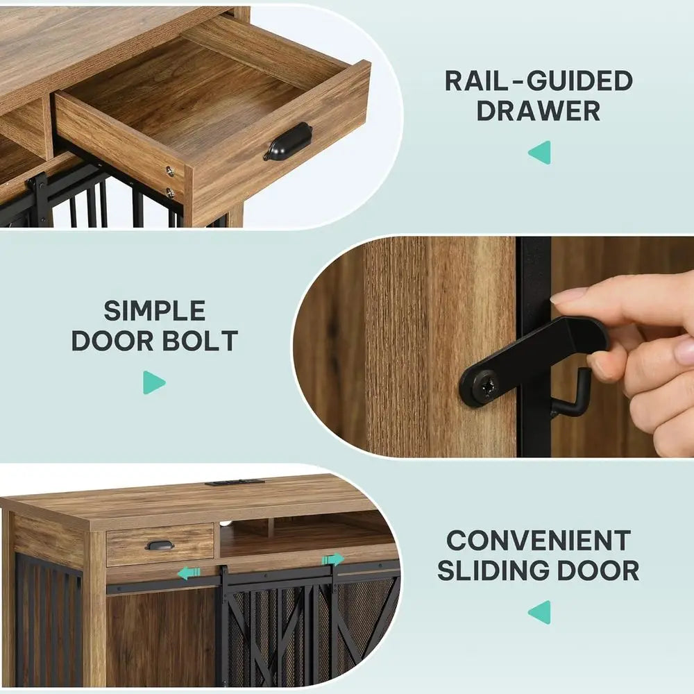 63 Inch Double Dog Crate TV Stand with Charging Station, Heavy Duty Wooden Cage Furniture for 2 Dogs, Dog Kennel Indoor Furnitur
