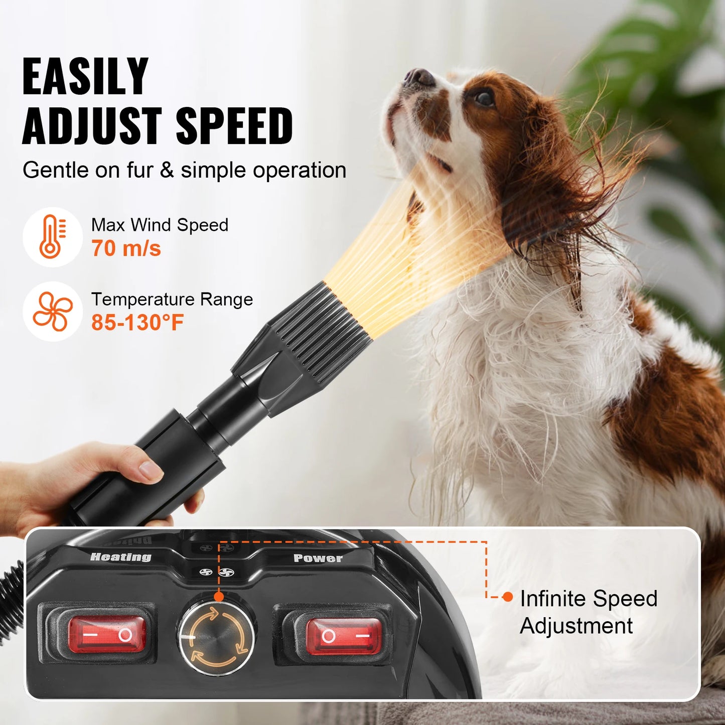 SucceBuy 2000W/2.7HP Dog Blow Dryer Adjustable Speed Temperature Control with 4 Nozzle and Extendable Hose for Pet Hair Grooming