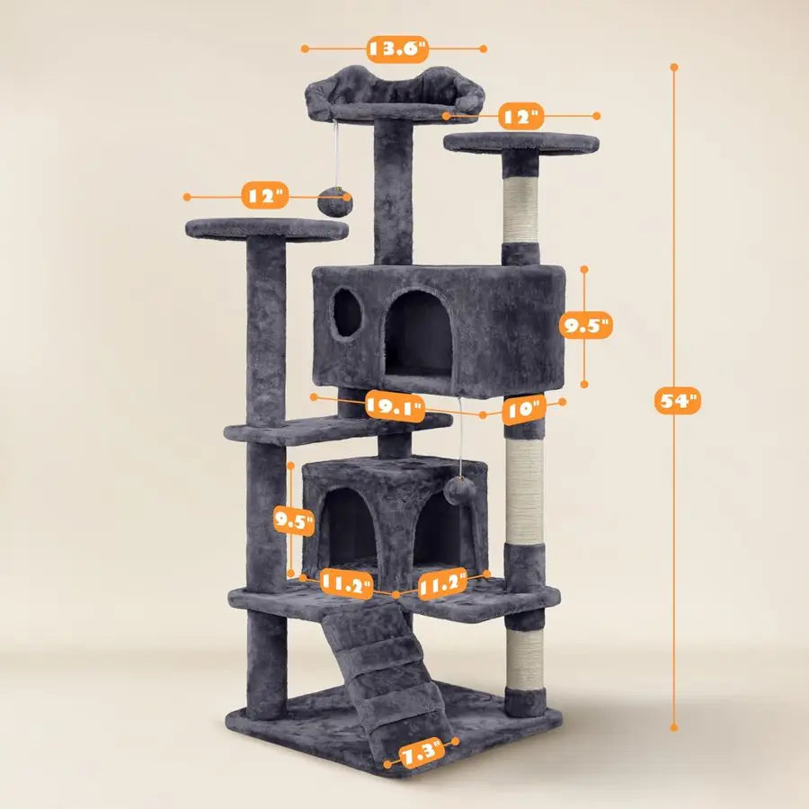Yaheetech 54in Cat Tree, MultiLevel Cat Tower with Spacious Kittenear Perch, 2 Cozy Caves, Scratching Posts, Climbing Ladder, 2