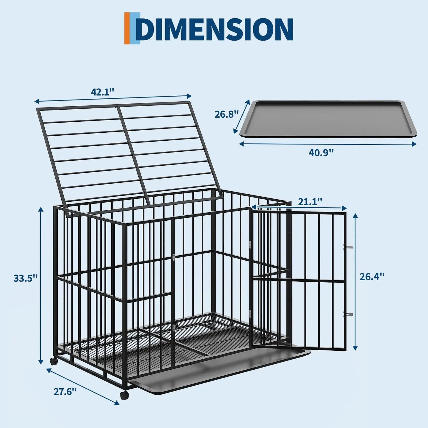 36/42/48 Inch Heavy Duty Stainless Steel Dog Crate Escape Proof Indestructible Dog Kennel  With Wheels & Removable Tray