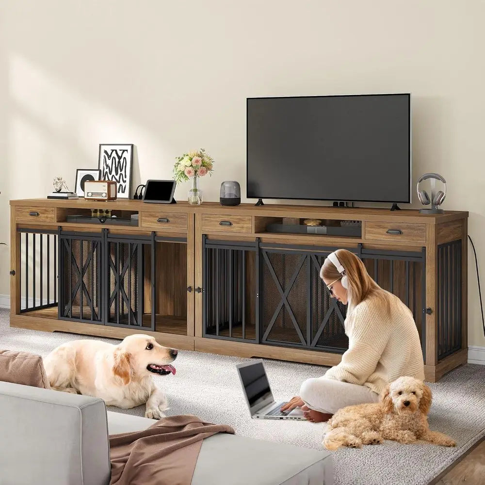 63 Inch Double Dog Crate TV Stand with Charging Station, Heavy Duty Wooden Cage Furniture for 2 Dogs, Dog Kennel Indoor Furnitur