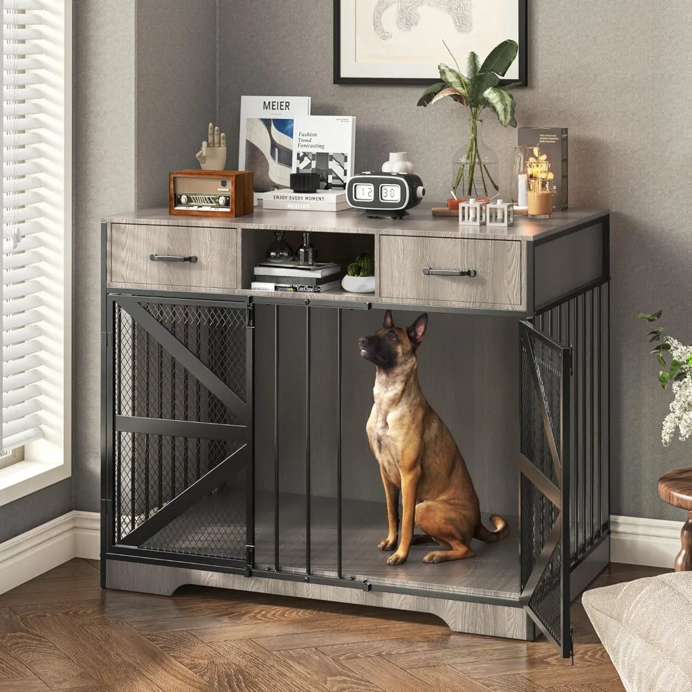 Dog Crate Furniture, Dog Kennel Furniture for Large Dogs Indoor, Heavy Duty Wooden Dog Crate TV Stand with 2 Drawers, 44" Metal