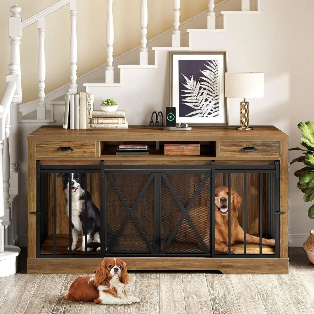 63 Inch Double Dog Crate TV Stand with Charging Station, Heavy Duty Wooden Cage Furniture for 2 Dogs, Dog Kennel Indoor Furnitur