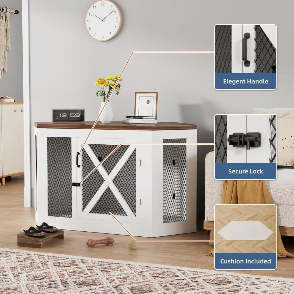 Xilingol Corner Dog Crate Furniture, Wooden Dog Kennel End Table with Mesh, Cage/House for Small Medium Large Dog, Decorative Pe