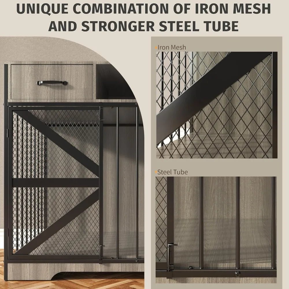 Dog Crate Furniture, Dog Kennel Furniture for Large Dogs Indoor, Heavy Duty Wooden Dog Crate TV Stand with 2 Drawers, 44" Metal